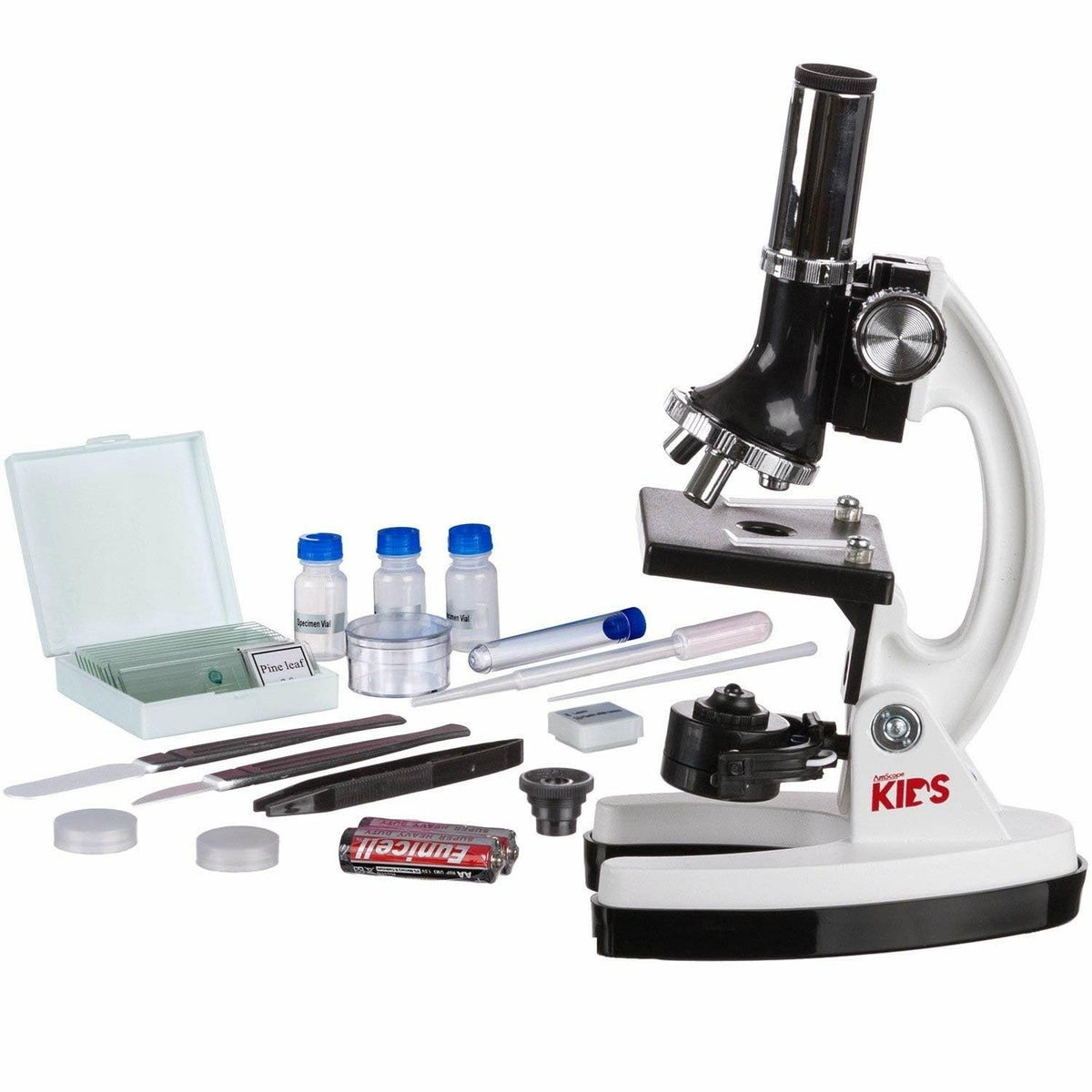 Amscope M30-ABS-KT1-W microscopio educativo para niños, base y brazo de metal, objetivos de 120X, 240X, 300X, 480X, 600X, 1200X, 48 piezas