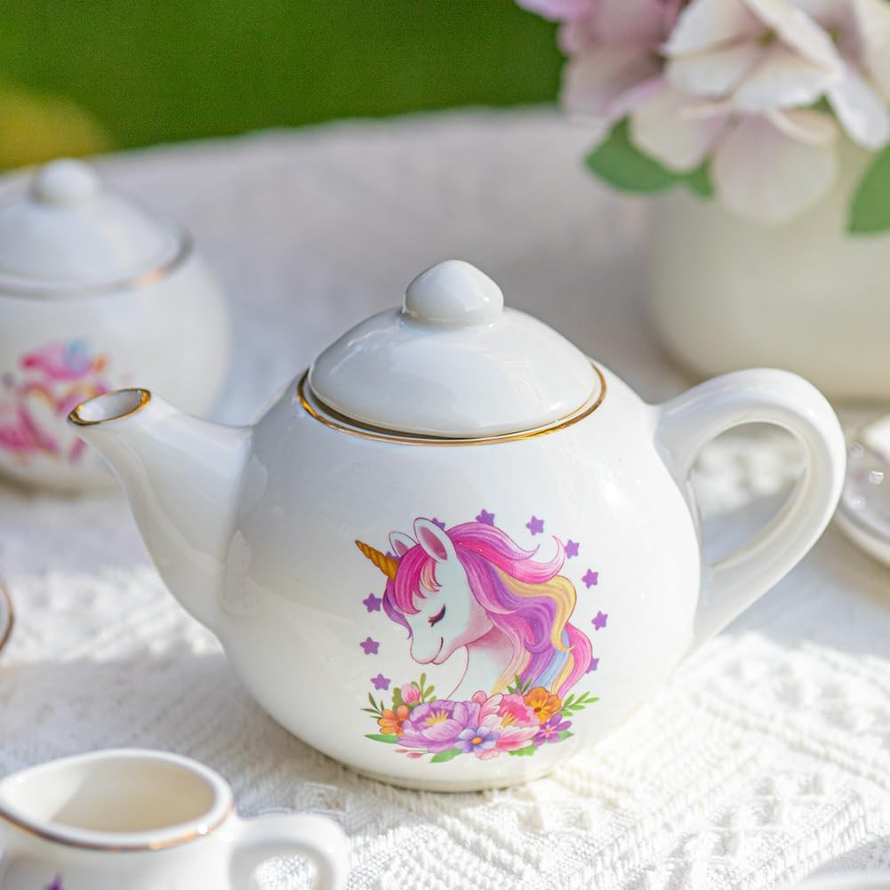 TUZT Juego de fiesta de té de porcelana para niñas pequeñas, juego de té de unicornio de 13 piezas, tetera, taza, platillo y maleta, juego de cocina de juguetes de simulación, regalo de cumpleaños de