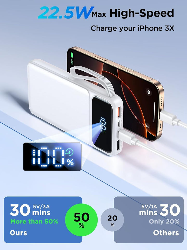 Banco de energía, cargador portátil con cable integrado de 22.5 W,...