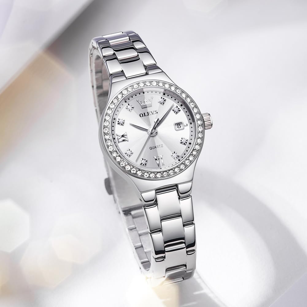 OLEVS Reloj para Mujer Plateado de Acero Inoxidable Elegante Analógico Lúmenes Visibles