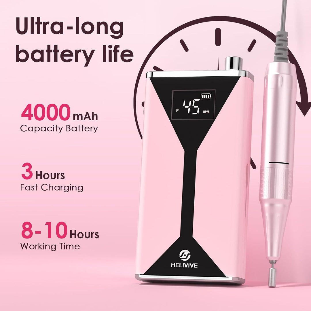 HELIVIVE Taladro de uñas eléctrico profesional de 45000 RPM (portát...