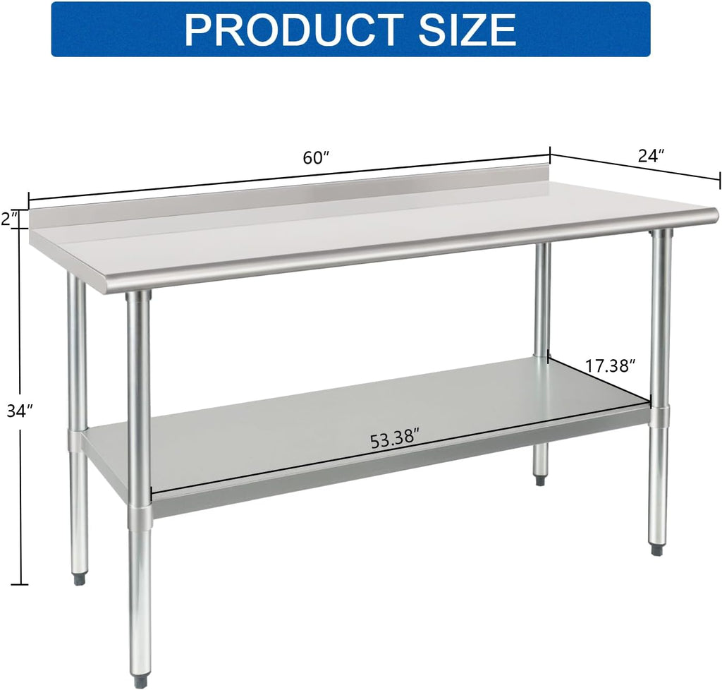 HARDURA - Mesa de trabajo y preparación de acero inoxidable de 24 x 60 pulgadas, mesa comercial de gran resistencia NSF con estante inferior y protector contra salpicaduras para cocina de restaurante