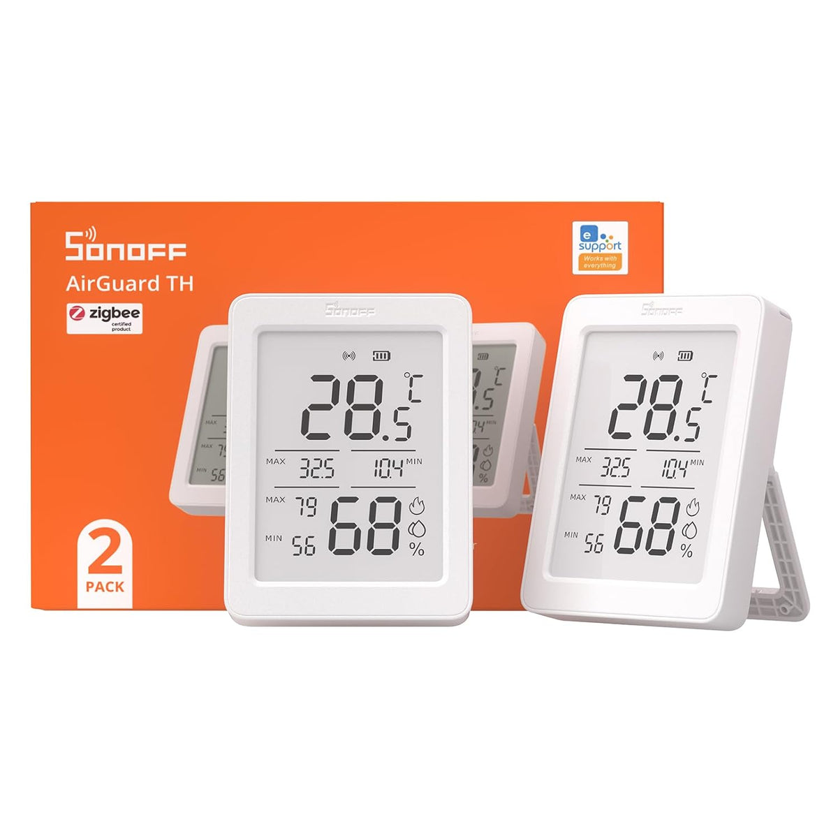 SONOFF SNZB-02DR2 AirGuard TH, sensor inteligente de temperatura y humedad Zigbee para interiores, pantalla LCD de 3.6 pulgadas, monitoreo de aplicaciones con gráficos, alertas de notificación, exportación de datos, pantalla remota de datos, paquete de 2