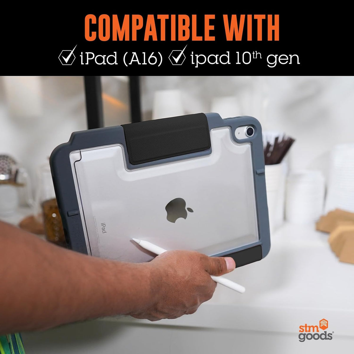 STM Dux Plus para iPad/10ª generación: ultra protectora, duradera, ligera con parte trasera transparente, soporte para lápiz Apple, cubierta de encendido/apagado de ahorro de batería, color negro