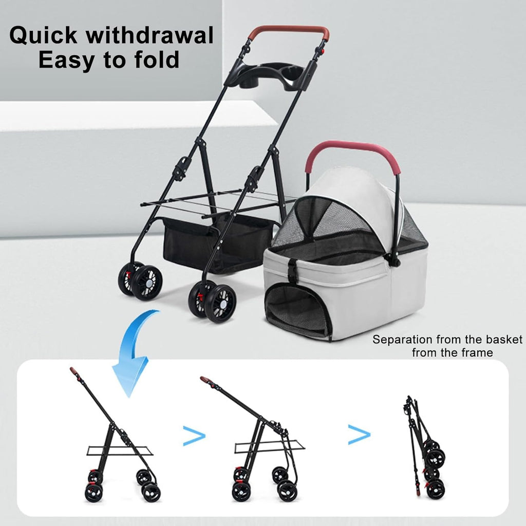 Cochecito para mascotas para perros medianos y pequeños – Cochecito plegable de 4 ruedas con cesta de almacenamiento, transportador para perros y gatos, asa ajustable, transportador plegable para cachorros adecuado para viajar con gatos y perros (gris)
