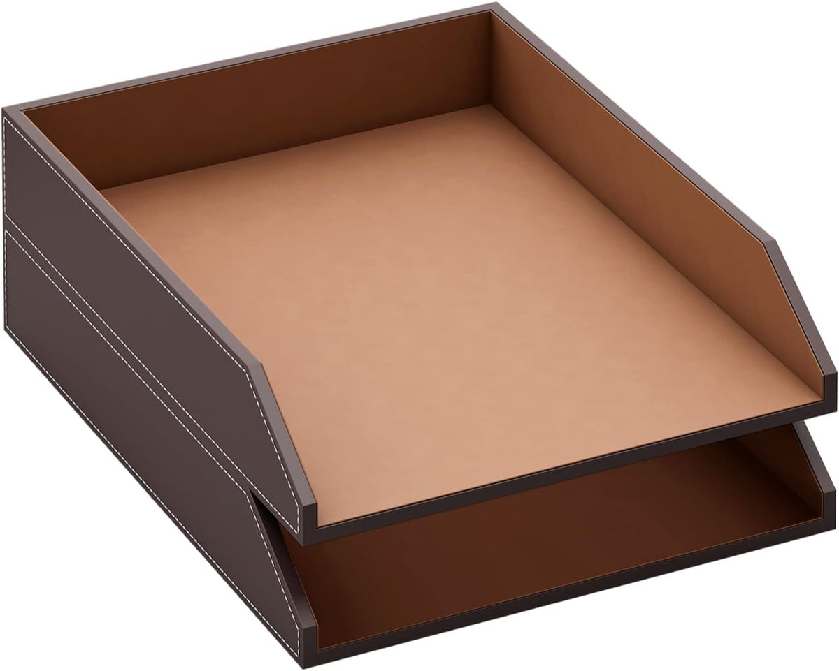 Bandeja de cuero para cartas, organizador de escritorio apilable para suministros de oficina, papel, archivo, revista, organización de oficina perfecta para escritorio (marrón-2 niveles)