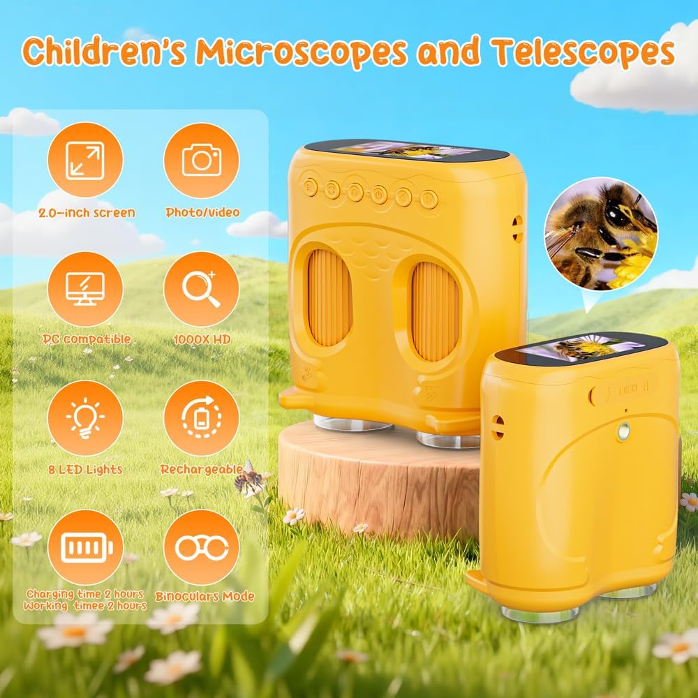 Microscopio digital 2 en 1 para niños, 2.0 pulgadas, 1000X, telescopio digital para niños, telescopio educativo portátil HD para regalo de cumpleaños de niños, juguetes divertidos de ciencia para niños de 4 a 12 años (amarillo)