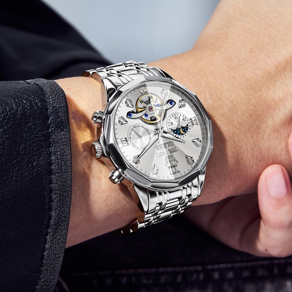 Reloj OLEVS Skeleton para Hombre Automático de Negocios Lujo con Diamante, Reloj Automático de Carga, Reloj de Pulsera con Calendario de Acero Inoxidable