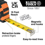 Klein Tools Cinta métrica 9230, cinta métrica resistente con hoja reforzada de nailon de doble cara de doble gancho de 30 pies, con clip de cinturón de metal