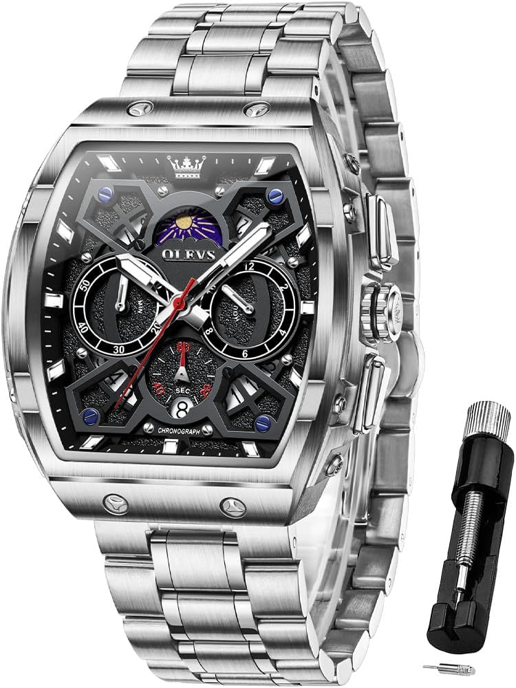 OLEVS Relojes para Hombre Multifuncionales de Negocios, Estilo Cuadrado, Acero Inoxidable, Resistente al Agua, Luz Luminosa, Lujo Casual, Pulsera para Hombre