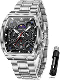 OLEVS Relojes para Hombre Multifuncionales de Negocios, Estilo Cuadrado, Acero Inoxidable, Resistente al Agua, Luz Luminosa, Lujo Casual, Pulsera para Hombre
