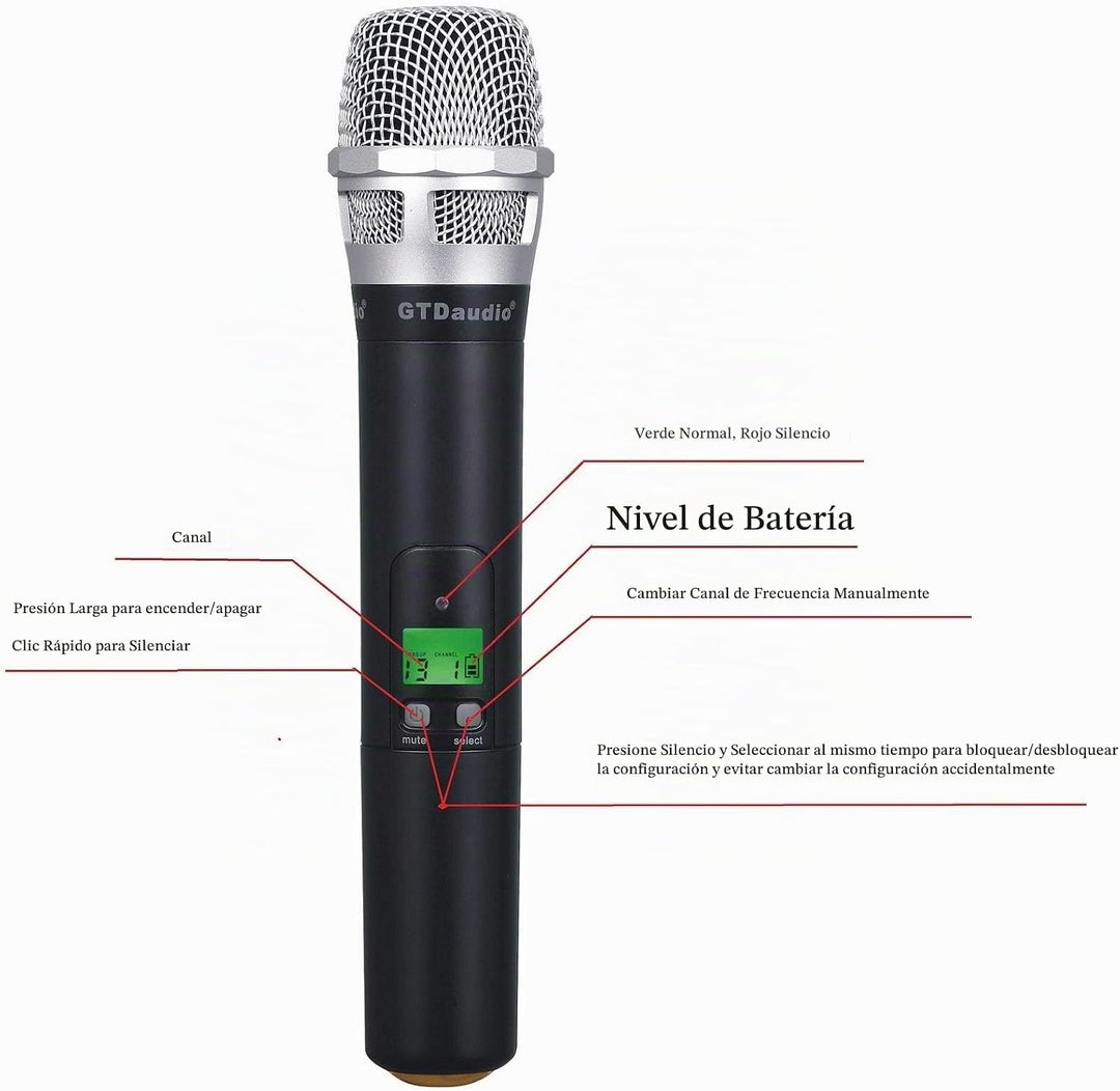 Sistema de micrófono inalámbrico GTDaudio 2x800 canales UHF True Di...