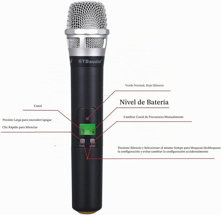 Sistema de micrófono inalámbrico GTDaudio 2x800 canales UHF True Di...