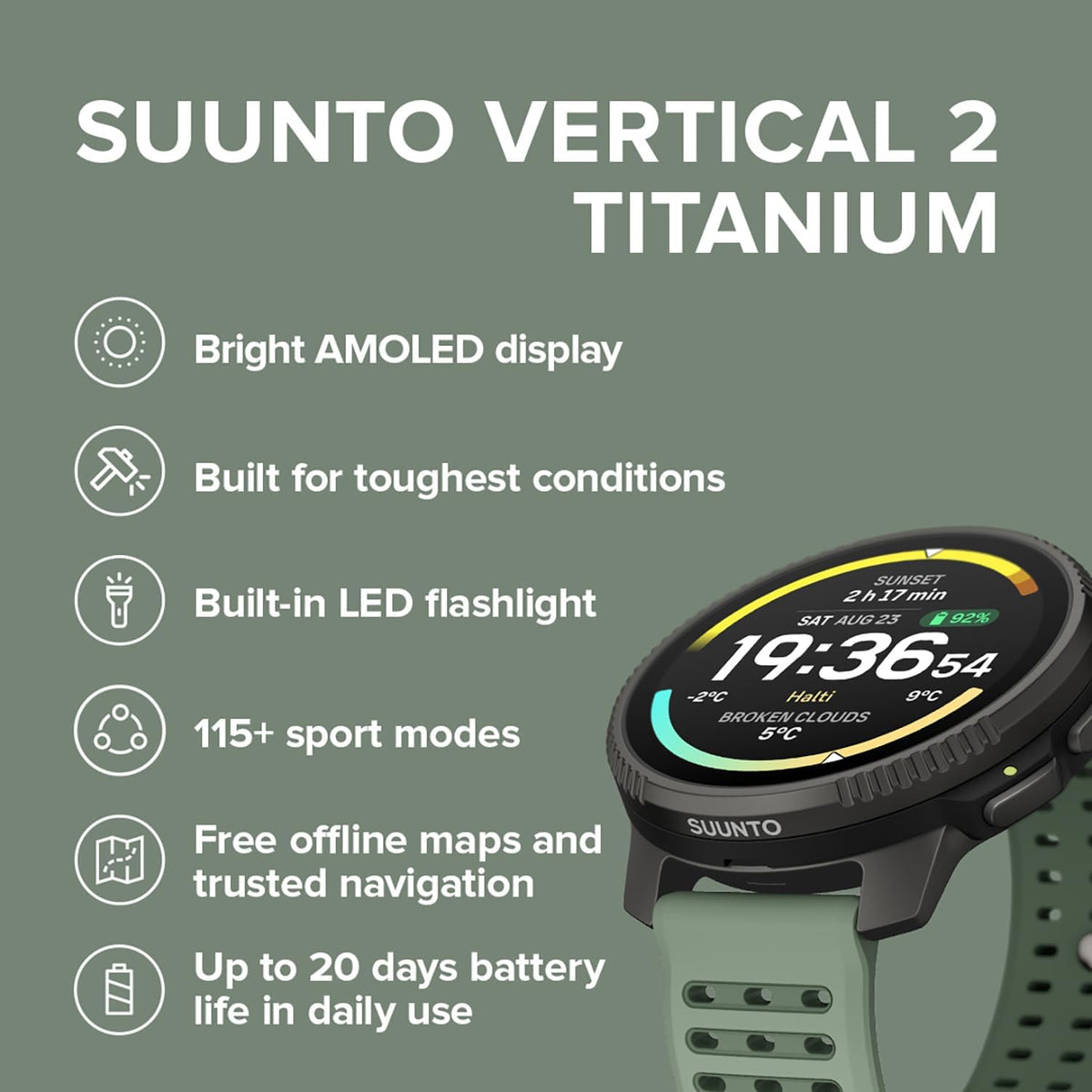Reloj deportivo GPS SUUNTO Vertical 2, pantalla AMOLED de 1.5”, 115+ modos deportivos, Sage Ti