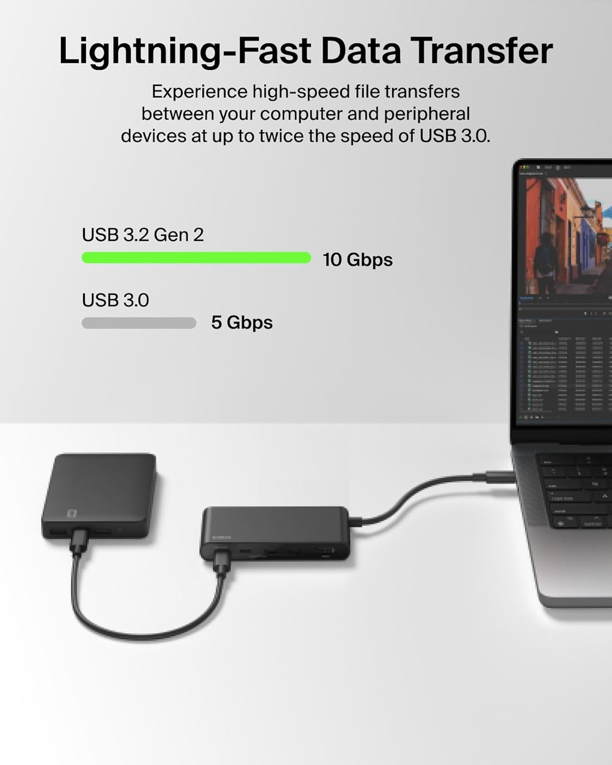 Belkin USB C Hub, Hub de 5 puertos con pantalla HDMI 4K a 60Hz, entrega de alimentación de 100W, transferencia rápida de datos 10Gbps, adaptador multipuerto USB C - Compatible con MacBook, iPad Pro