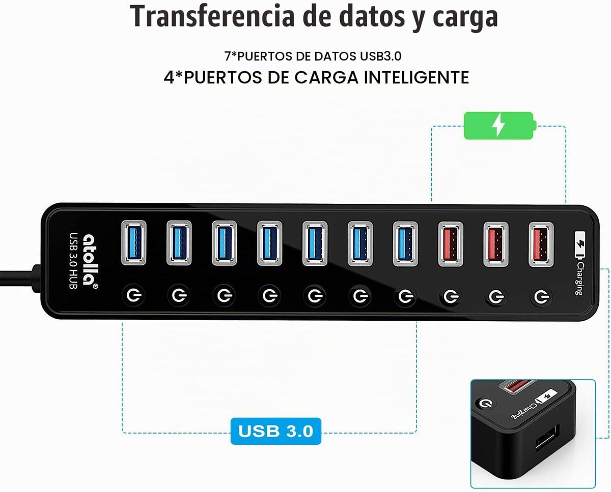 atolla, hub USB 3.0 de 11 puertos, alimentado, adaptador 12V/4A
