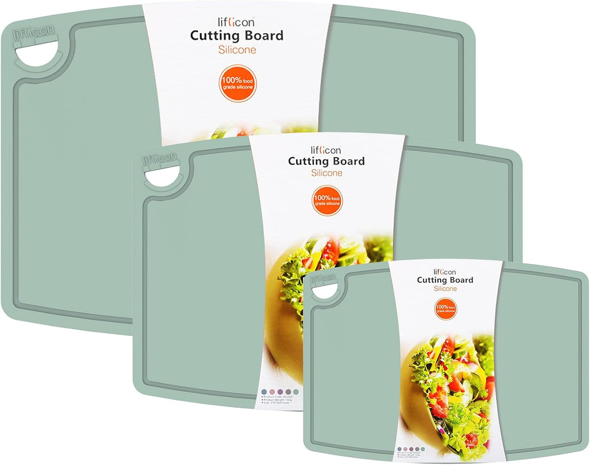 Juego de 3 Alfombrillas Tablas de Cortar Gruesas de Silicona, Diseño Plegable y Flexible, Ranuras para Jugos, Mango de Fácil Agarre, Apto para Lavavajillas, para Cocina, Tabla de Cortar de