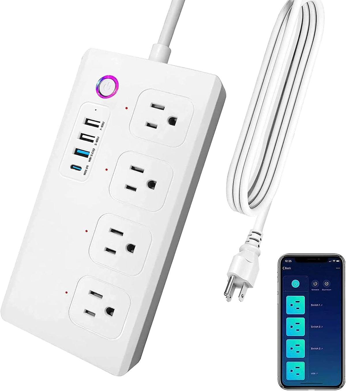 UseeLink Regleta de alimentación inteligente, USB-C PD 20W, enchufe inteligente, protector de sobretensiones con 4 salidas de CA y 4 puertos USB, cable de extensión de 5 pies, compatible con Alexa y