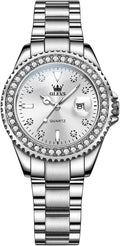 OLEVS Reloj para Mujer Plateado de Acero Inoxidable Elegante Analógico Lúmenes Visibles