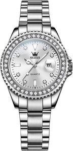 OLEVS Reloj para Mujer Plateado de Acero Inoxidable Elegante Analógico Lúmenes Visibles