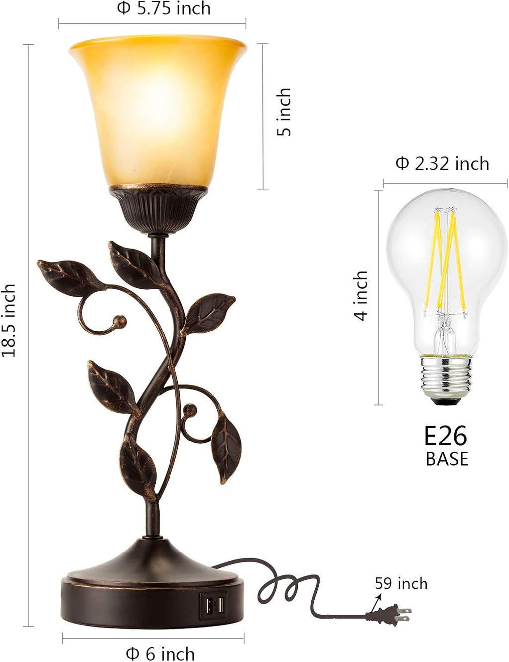 Lámpara Lámpara de mesa con control táctil con 2 puertos de carga USB, lámparas de mesita de noche regulables de 3 vías, pantalla de vidrio ámbar, lámpara de hojas rurales vintage para sala de estar