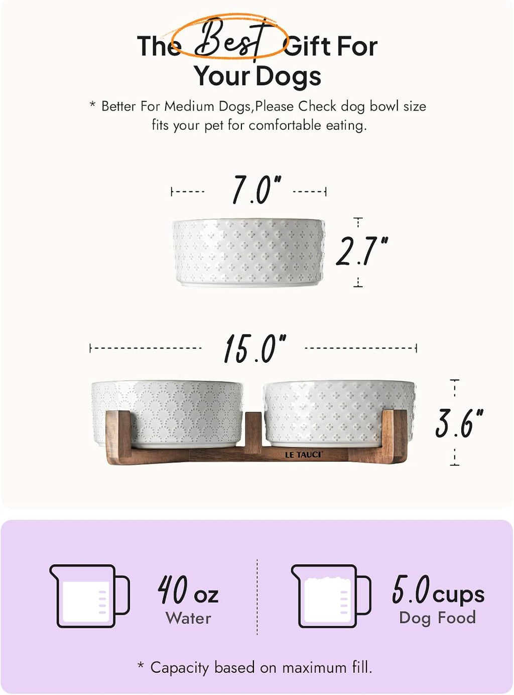 LE TAUCI Cuencos de cerámica para perros con soporte de madera de acacia, juego de alimentos y agua de 7 pulgadas para perros medianos, cuencos con peso para mascotas