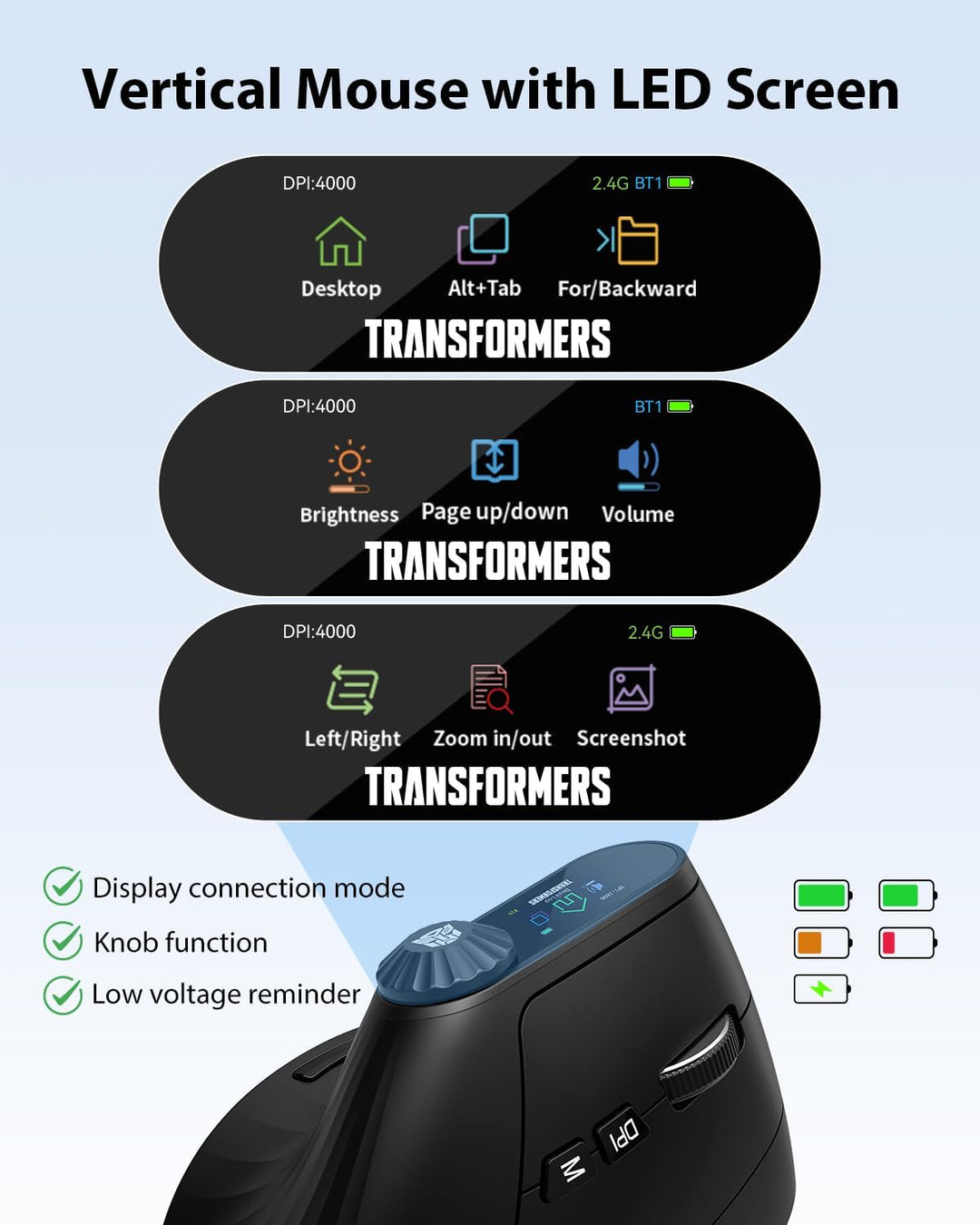 Transformers Ratón Vertical Ergonómico con Pantalla LED y Control d...