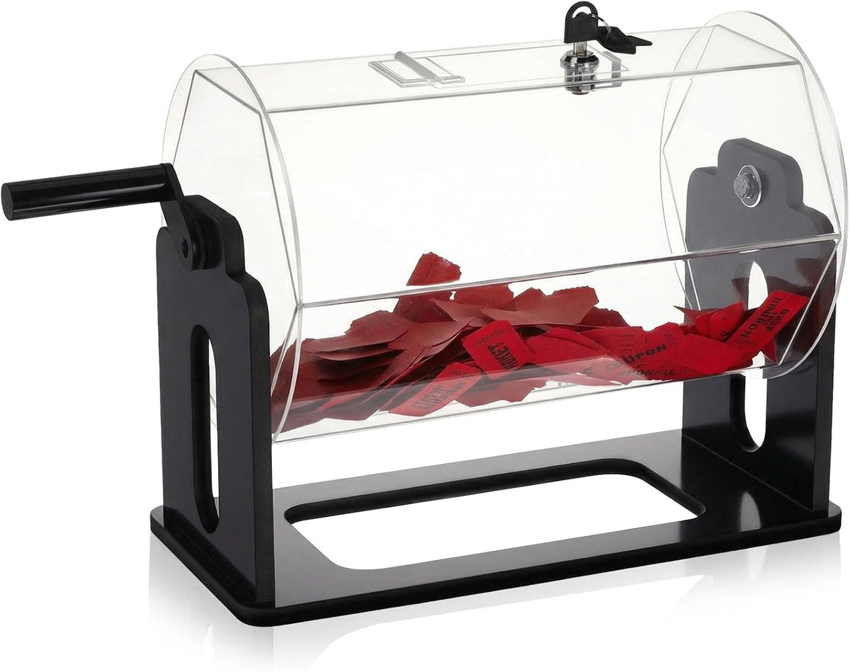 Leinuosen Tambor de rifa de acrílico de 13 x 6.5 x 9.5 pulgadas con capacidad para 1500 boletos, tambor de rifa transparente con la mano que sacude, jaula giratoria transparente para bolas de juegos de sorteo de premios (hexagonal, negro)