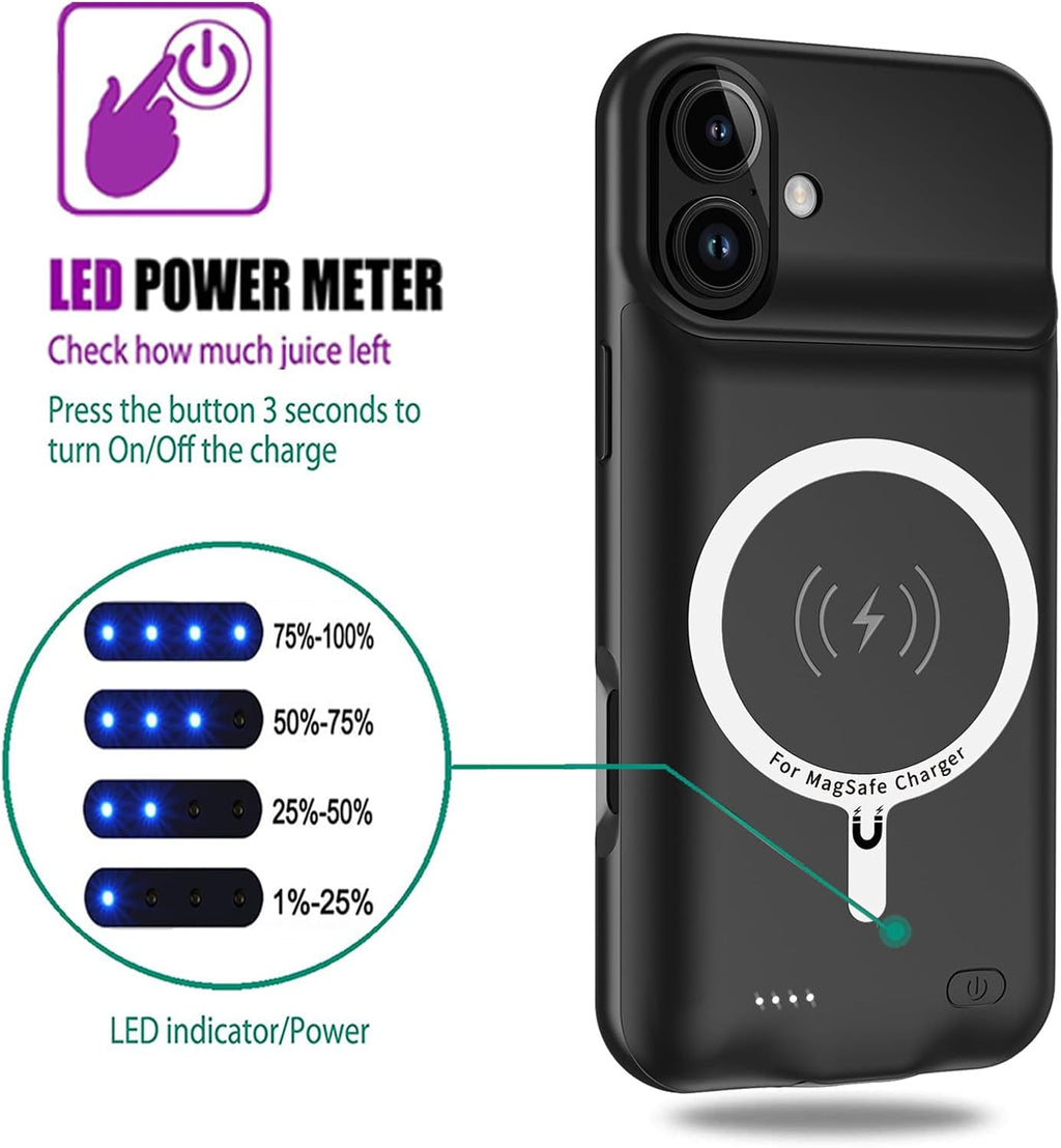 Funda de carga inalámbrica para iPhone 16, 10000mAh de alta capacidad, portátil, recargable, funda protectora de batería extendida, carga inalámbrica Qi con iPhone 16 (6.1 pulgadas) Funda de cargador de batería extendida (negro)