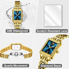 OLEVS Reloj de mujer de oro de acero inoxidable, reloj de cara cuadrada pequeña con decoración de diamantes, reloj de vestir de cuarzo analógico de lujo para mujer, reloj de pulsera impermeable con