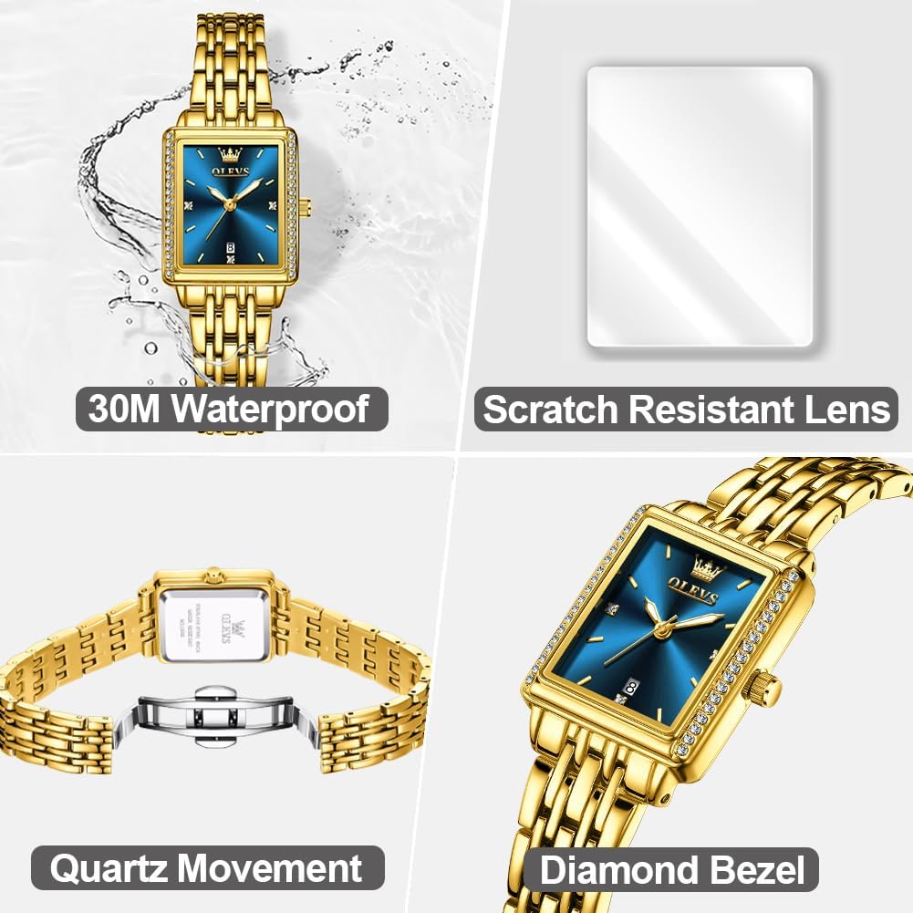 OLEVS Reloj de mujer de oro de acero inoxidable, reloj de cara cuadrada pequeña con decoración de diamantes, reloj de vestir de cuarzo analógico de lujo para mujer, reloj de pulsera impermeable con