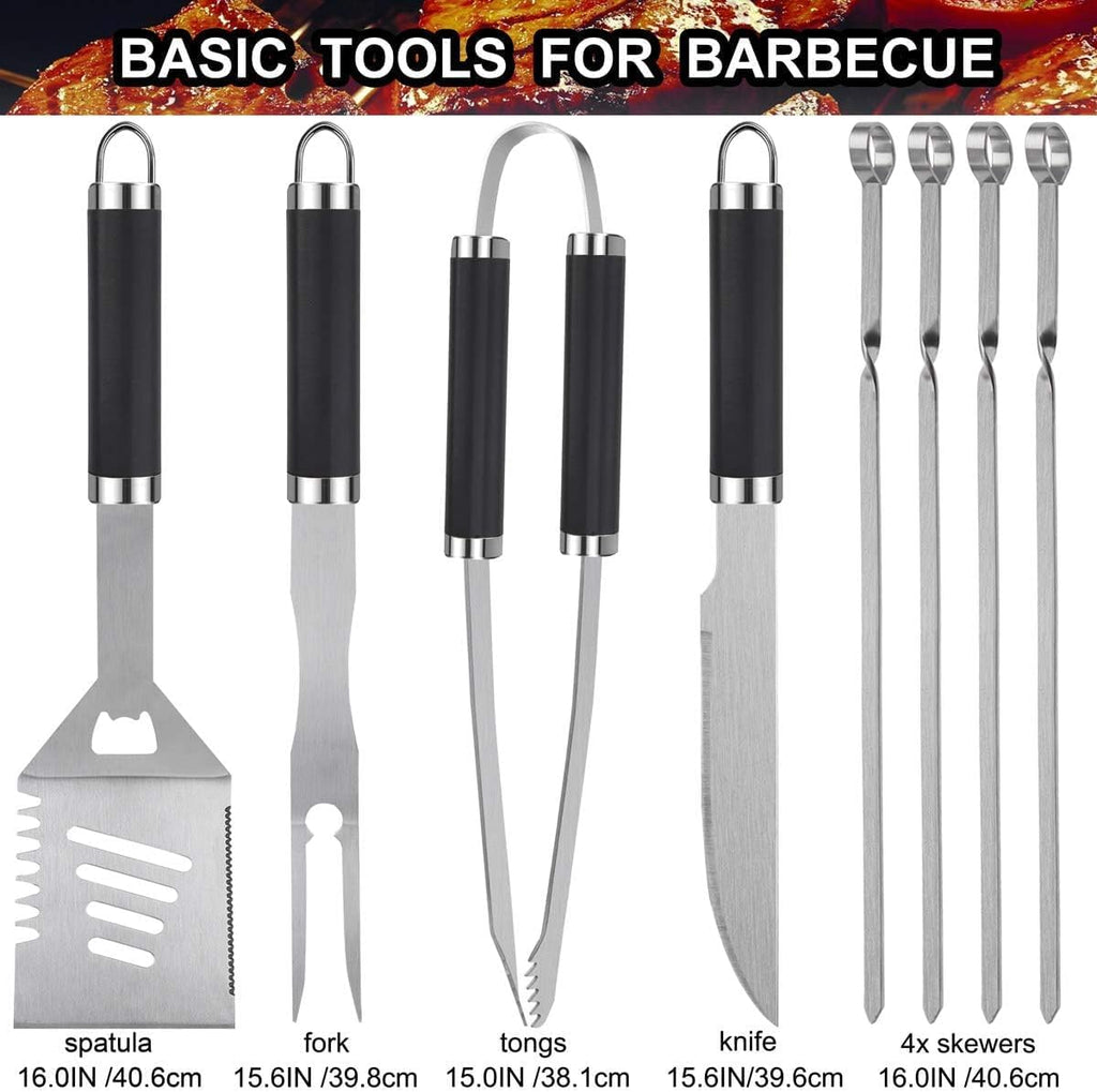 Juego de 24 Piezas de Herramientas para Parrilla BBQ con Termómetro de Carne e Inyector - Tenedor de Acero Inoxidable Extra Grueso, Espátula y Pinzas - Accesorios Completos para BBQ en