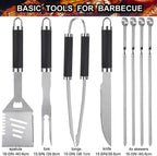 Juego de 24 Piezas de Herramientas para Parrilla BBQ con Termómetro de Carne e Inyector - Tenedor de Acero Inoxidable Extra Grueso, Espátula y Pinzas - Accesorios Completos para BBQ en