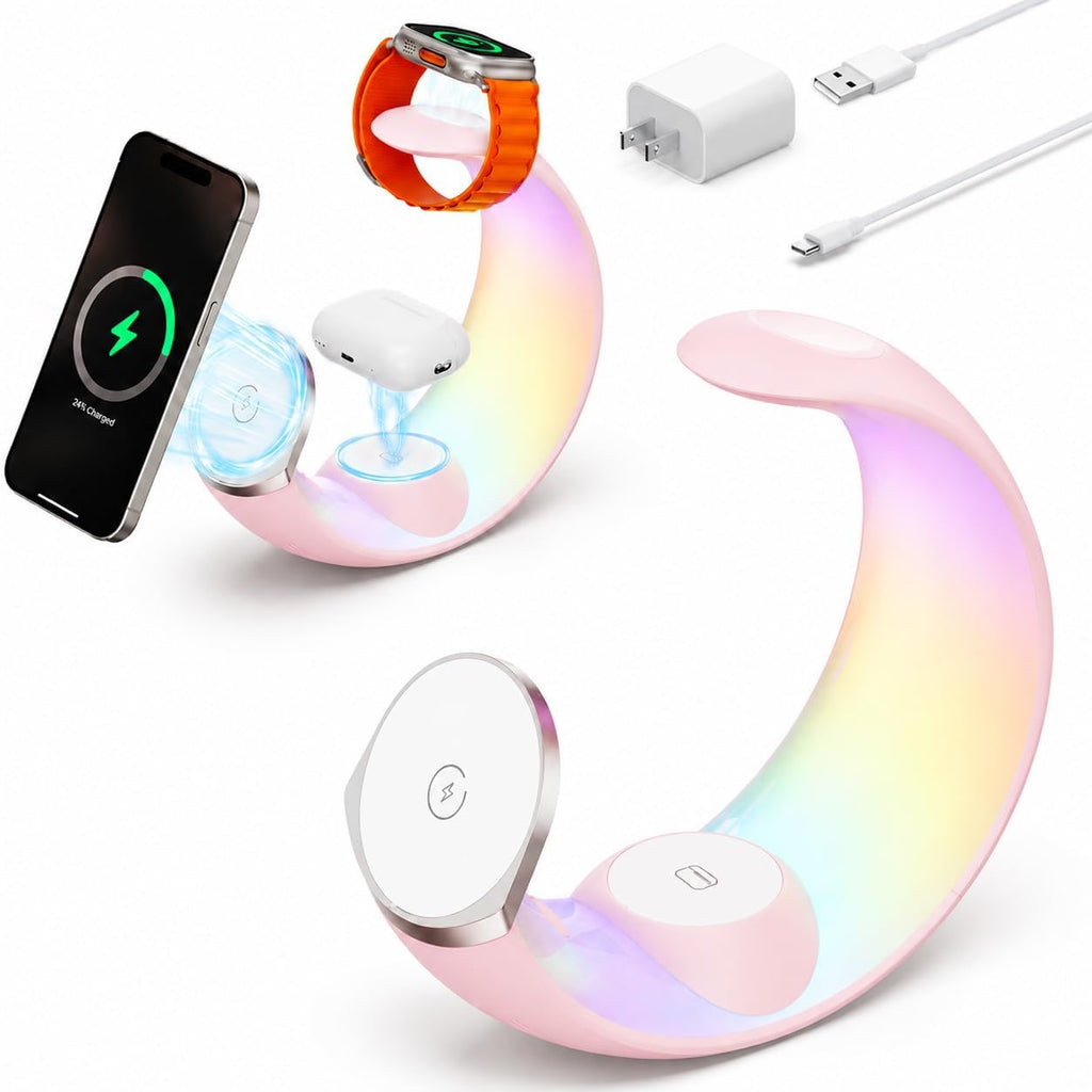 Cargador inalámbrico magnético 4-en-1, soporte de luna de luz nocturna RGB