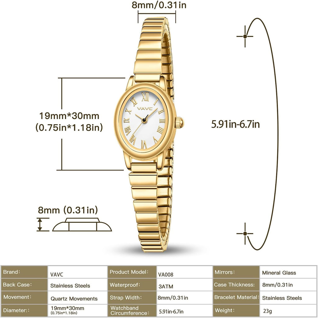 Relojes pequeños de oro para mujer, reloj analógico para mujer con banda de expansión de acero inoxidable, esfera romana ovalada, resistente al agua