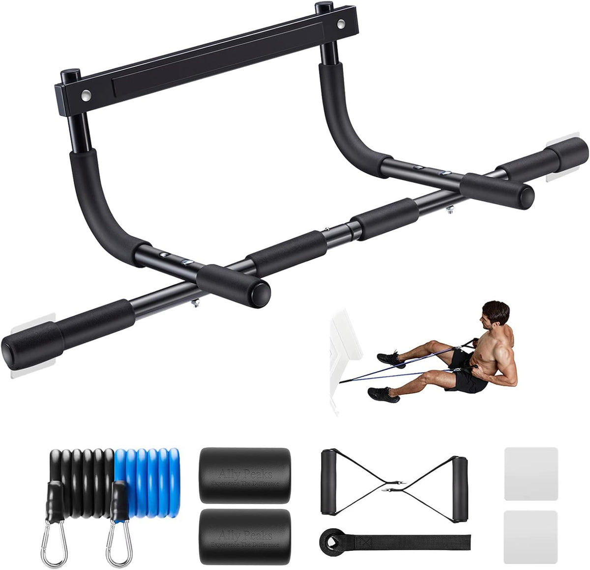 Ally Peaks Barra de dominadas para puerta | Límite máximo de acero grueso de 440 libras para la parte superior del cuerpo | Fuerza de agarre múltiple para puerta | Barra de dominadas interior para