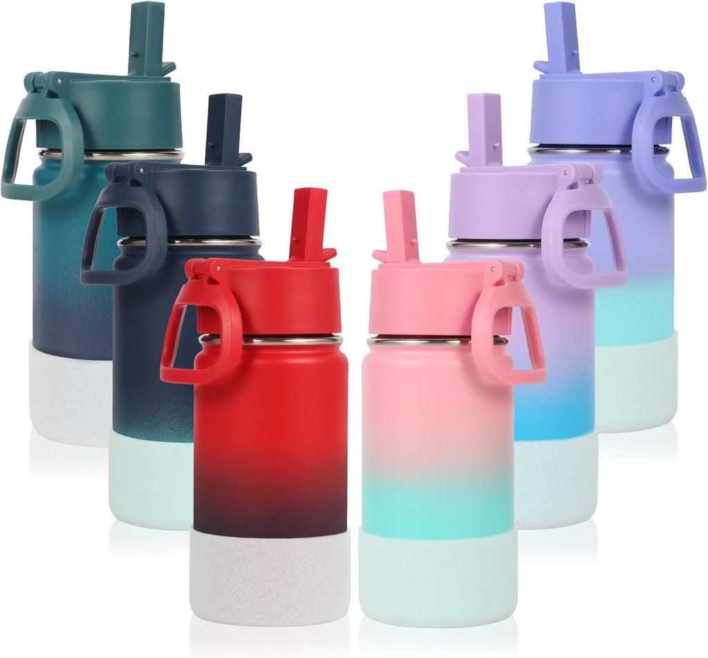 Botella de agua de 14 onzas para niños con tapa con pajita y tapa de silicona, paquete de 6 unidades, tazas aisladas de acero inoxidable para niños y niñas, paquete múltiple, botellas de