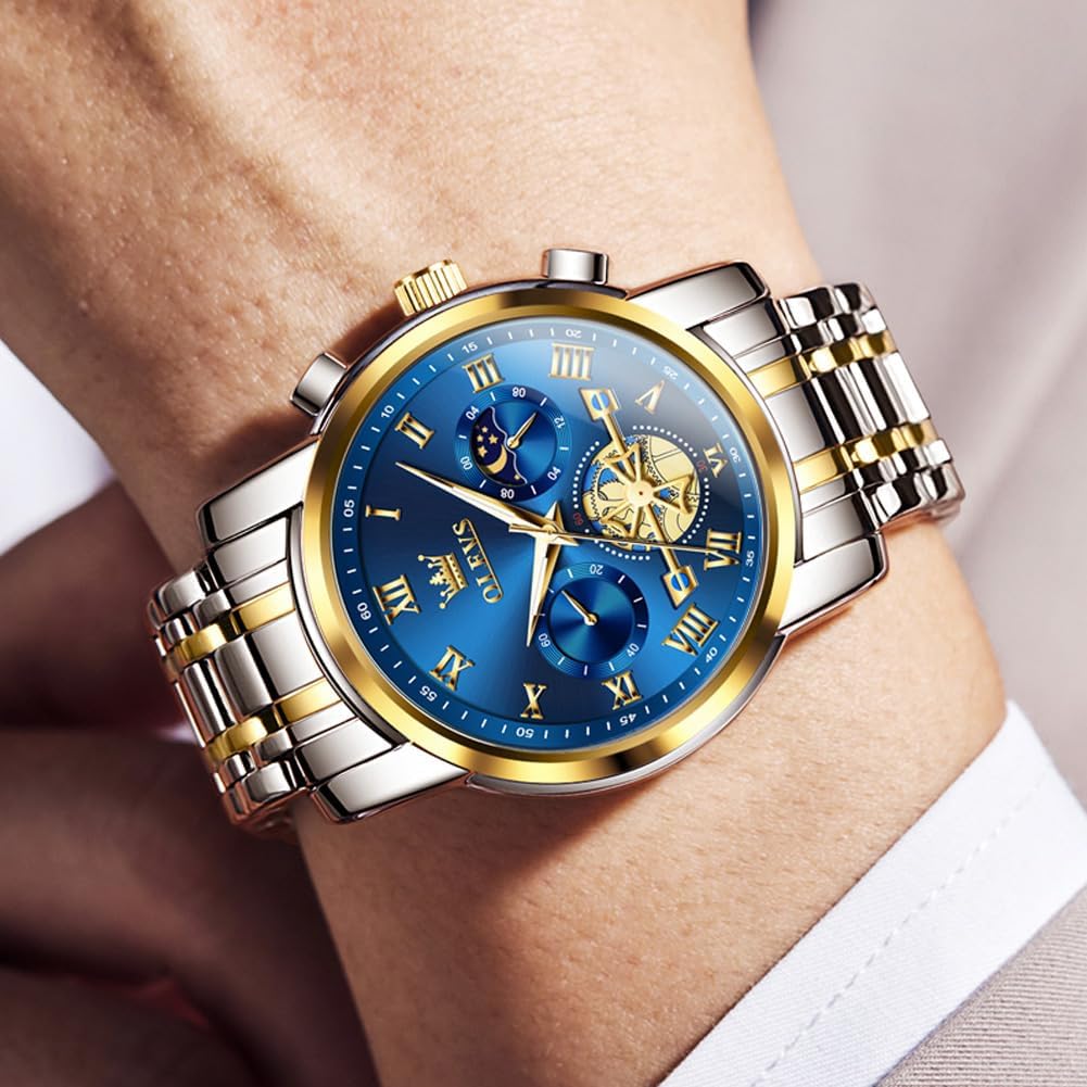 OLEVS Relojes de Oro para Hombres Reloj de Pulsera de Lujo a Prueba de Agua Gran Cara Elegante Acero Inoxidable Analógico Cuarzo Fecha Cronógrafo Luminoso Lectura Fácil Relojes de Negocios Regalos para Hombres Graduación