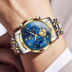 OLEVS Relojes de Oro para Hombres Reloj de Pulsera de Lujo a Prueba de Agua Gran Cara Elegante Acero Inoxidable Analógico Cuarzo Fecha Cronógrafo Luminoso Lectura Fácil Relojes de Negocios Regalos para Hombres Graduación