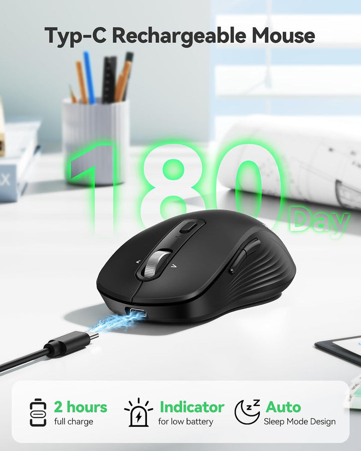 TECKNET Ratón Bluetooth recargable, [USB + BT5.0 + BT3.0] Ratón ina...
