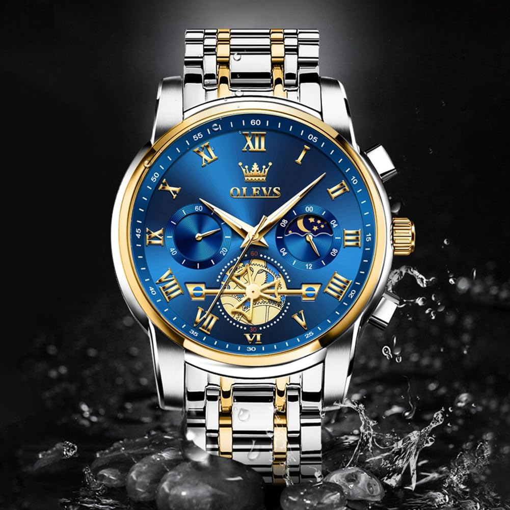 OLEVS Relojes para hombre, resistente al agua, de lujo, gran cara, reloj analógico de cuarzo de acero inoxidable, relojes de vestir analógicos para hombre, luminoso, multifuncional, reloj de hombre