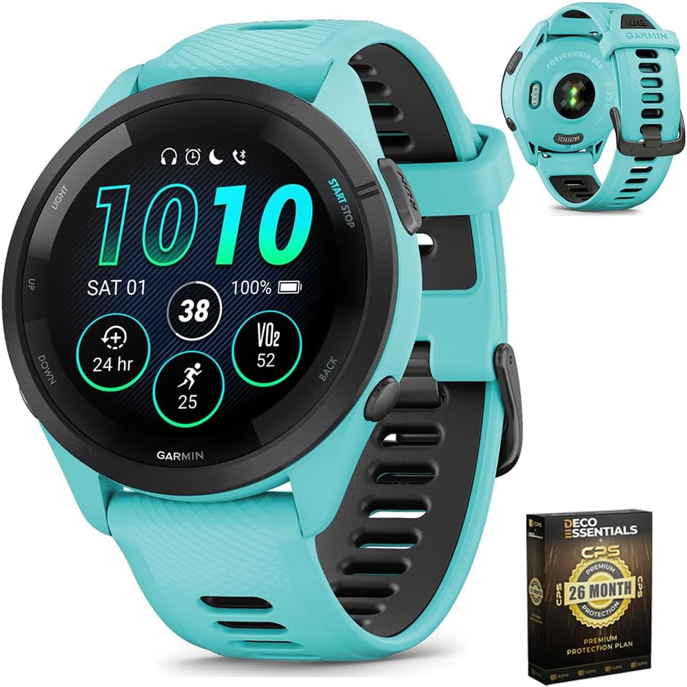 Garmin Forerunner 265 Reloj inteligente GPS para correr, pantalla AMOLED, 1.811 in, aguamarina/negro, 010-02810-02 - Paquete con plan CPS de 26 meses Deco Essentials