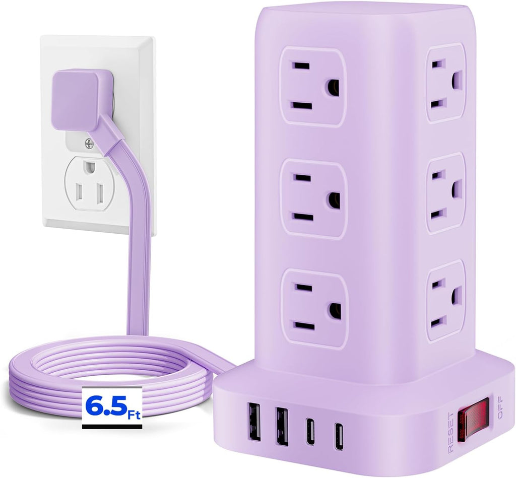 Regleta de alimentación con 12 tomas, 4 USB (1 USB C), cable de extensión de 6.5 pies con múltiples tomas, estación de carga, torre de regleta de alimentación morada, suministros de escritorio de