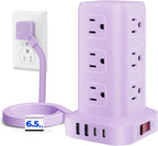 Regleta de alimentación con 12 tomas, 4 USB (1 USB C), cable de extensión de 6.5 pies con múltiples tomas, estación de carga, torre de regleta de alimentación morada, suministros de escritorio de