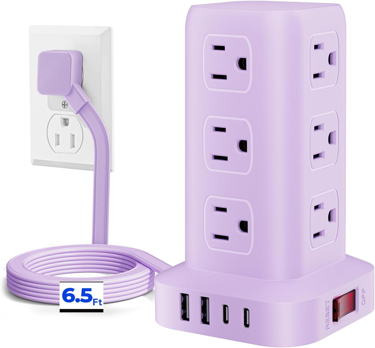 Regleta de alimentación con 12 tomas, 4 USB (1 USB C), cable de extensión de 6.5 pies con múltiples tomas, estación de carga, torre de regleta de alimentación morada, suministros de escritorio de