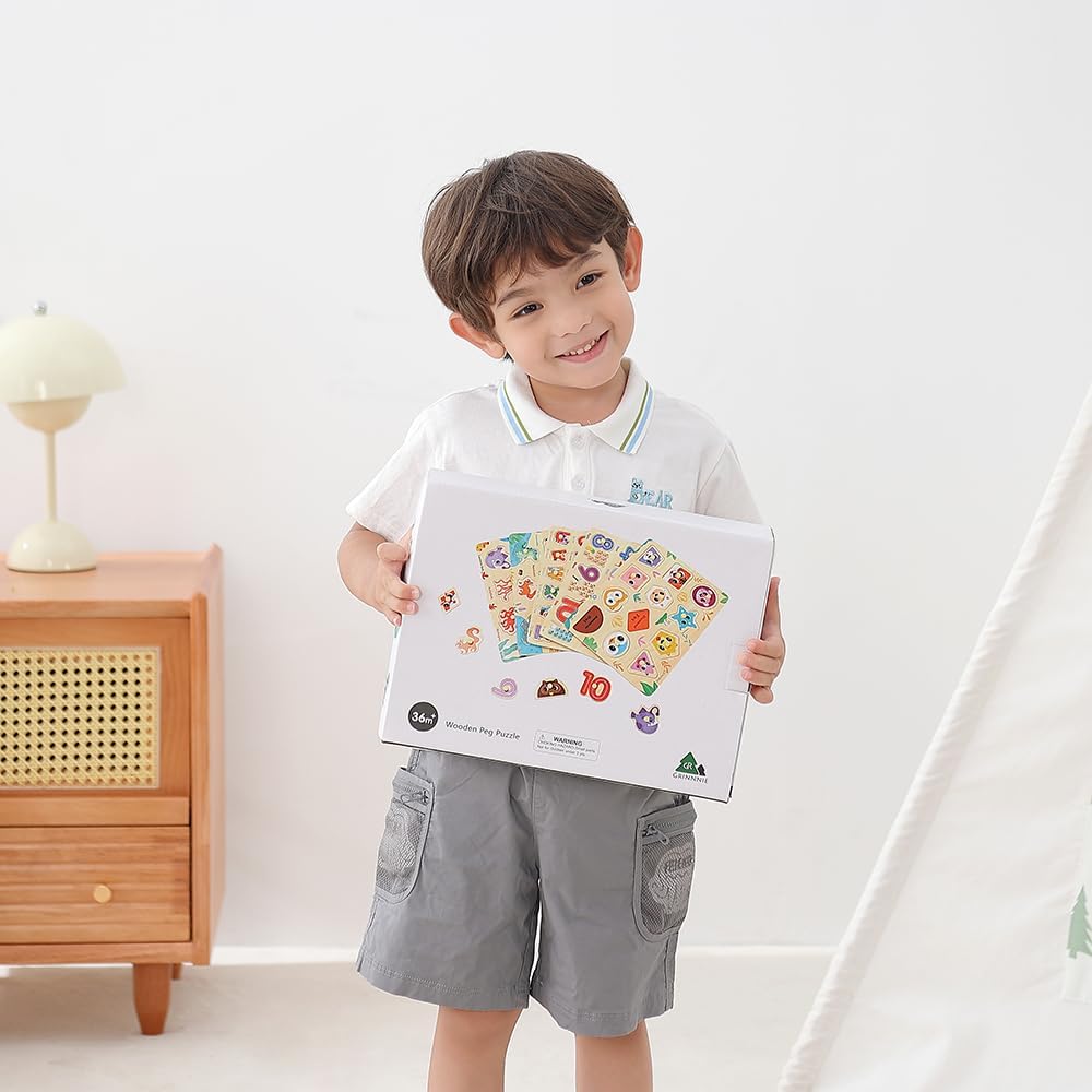 GRINNNIE - Rompecabezas de madera para niños pequeños de 3, 4 y 5 años, juguetes Montessori para niños pequeños, 5 rompecabezas con perilla, número, alfabeto, forma y animal, gran regalo de cumpleaños de Navidad para niños y niñas