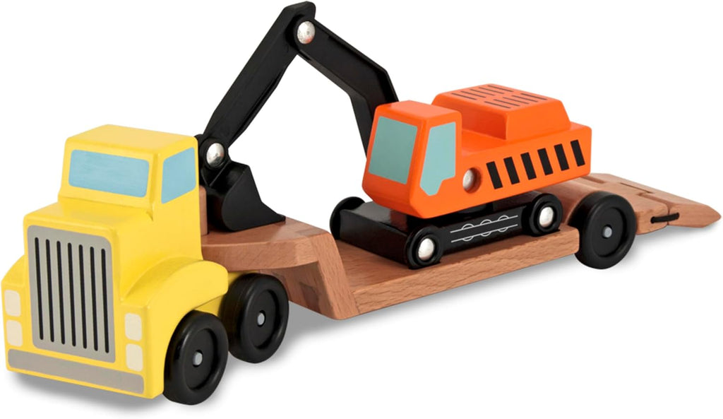 Melissa & Doug Juego de vehículos de madera para remolque y excavadora (3 piezas)