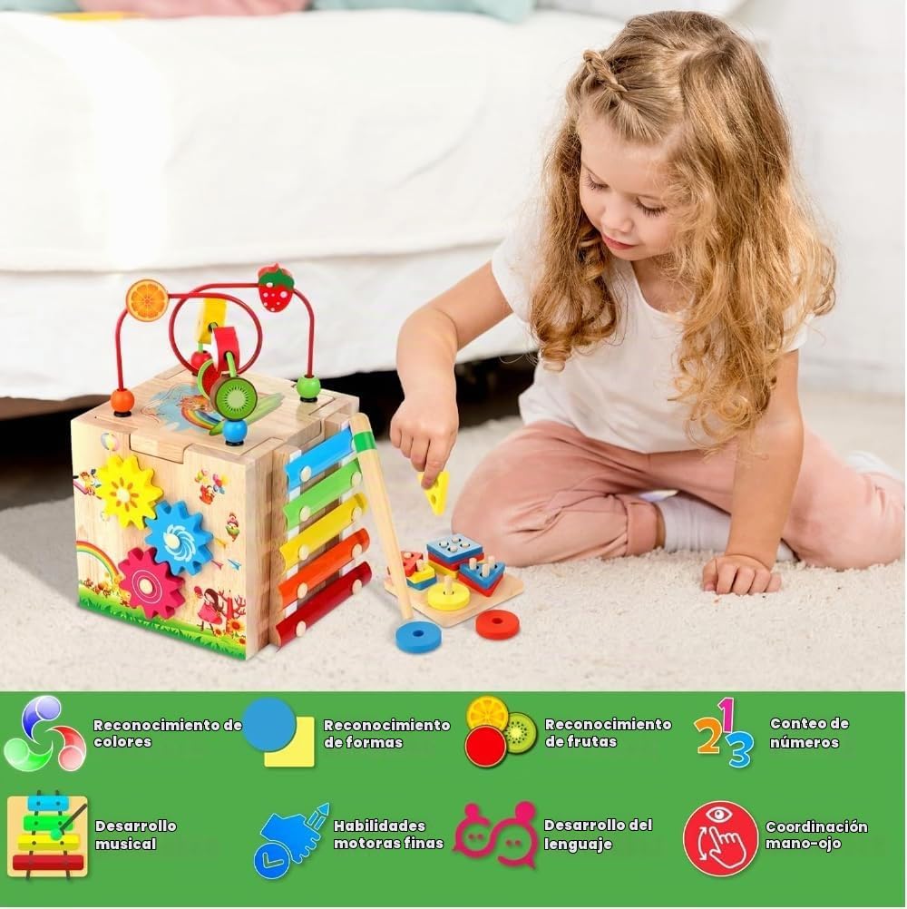 Cubo de actividad para bebé de madera 8 en 1 - Xilófono, clasificador de formas, ábaco | Juguetes de regalo de 1er cumpleaños para niños de 1 2 3 años | Juguete educativo montessori para niños