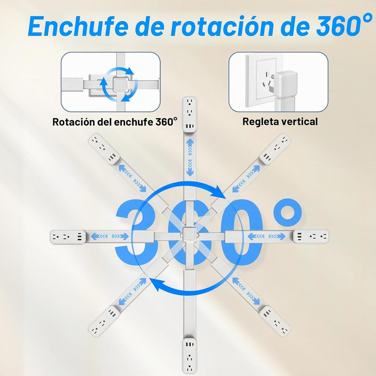 Extensor de tomacorriente: cuenta con USB-A, USB-C y 2 salidas de CA, se extiende de 17.5 a 29.1 pulgadas, gira 360° de acceso de difícil acceso, enchufes de pared, mesas de noche, sofás, escritorios