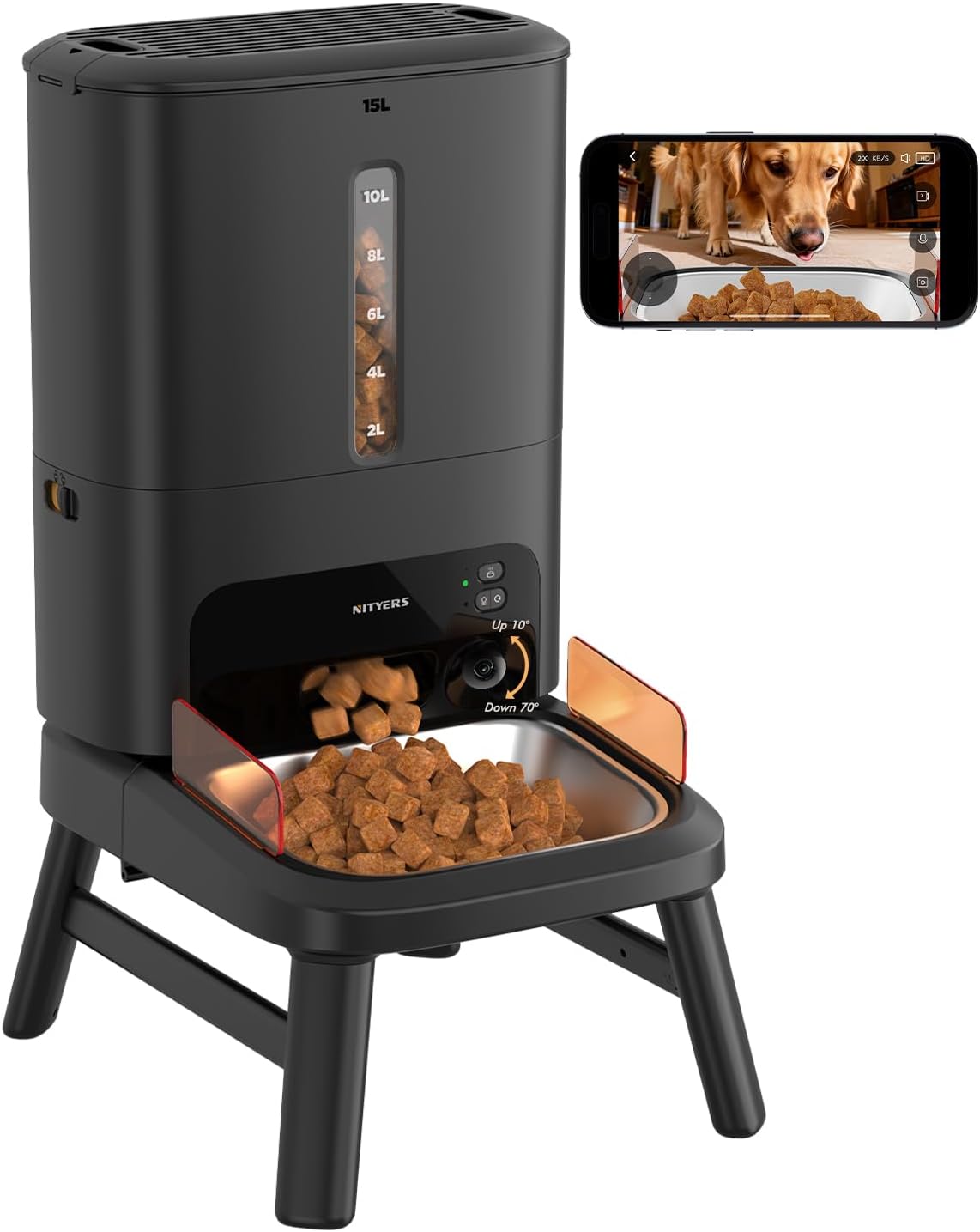 Comedero automático para perros de razas grandes, dispensador de comida para perros de 15 litros/63 tazas, antiobstrucciones, para croquetas de 0.079 a 0.906 in, soporte elevado